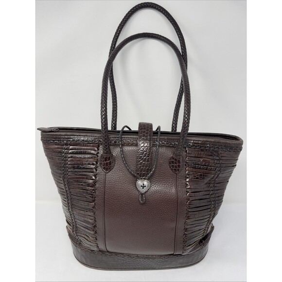 Brighton Handbags - Brighton Brown Pebbled Leather Shoulder Bag w/2 Braided Handles Heart Closure
